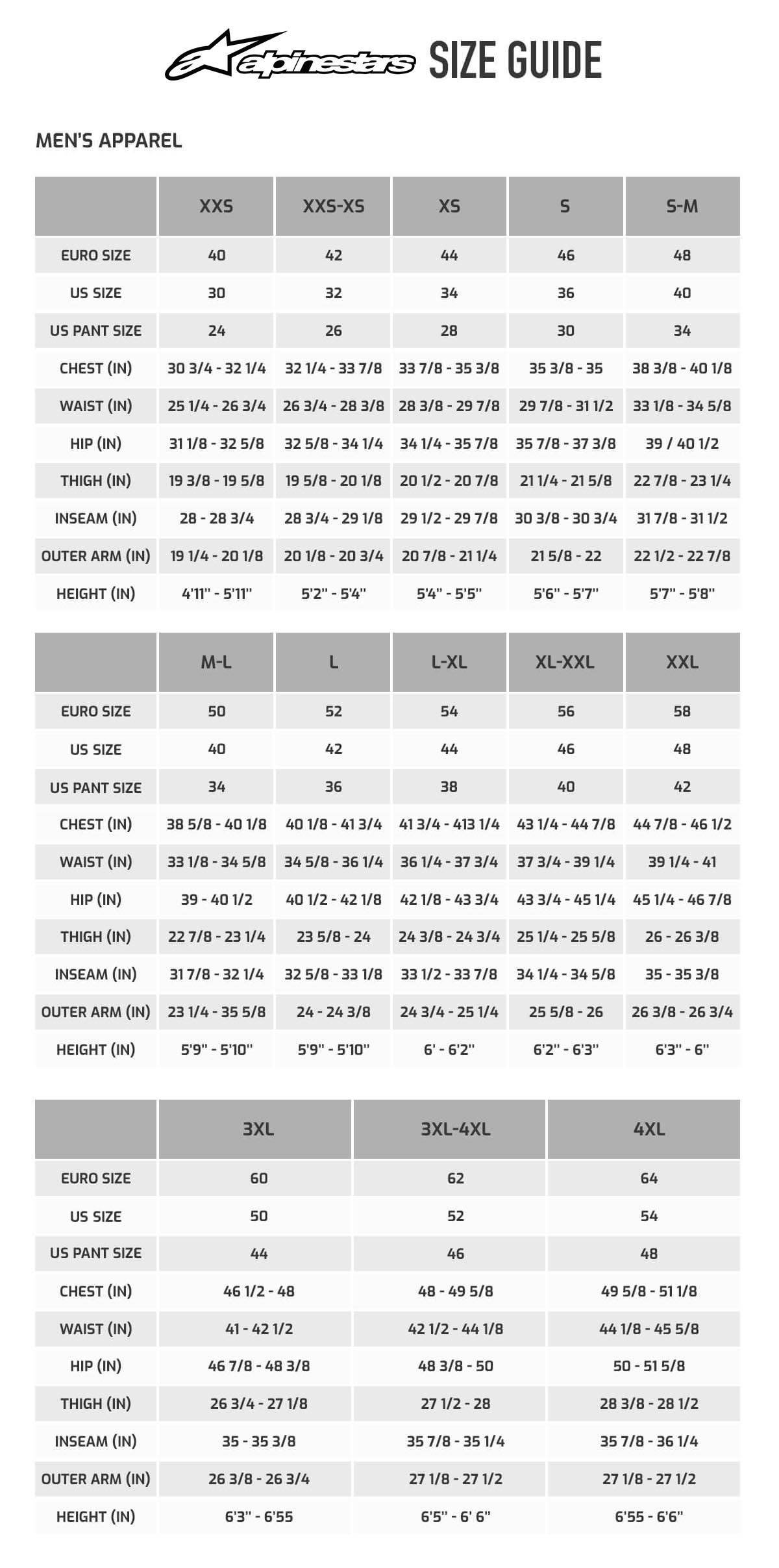 Alpinestars One Piece Leathers Size Chart