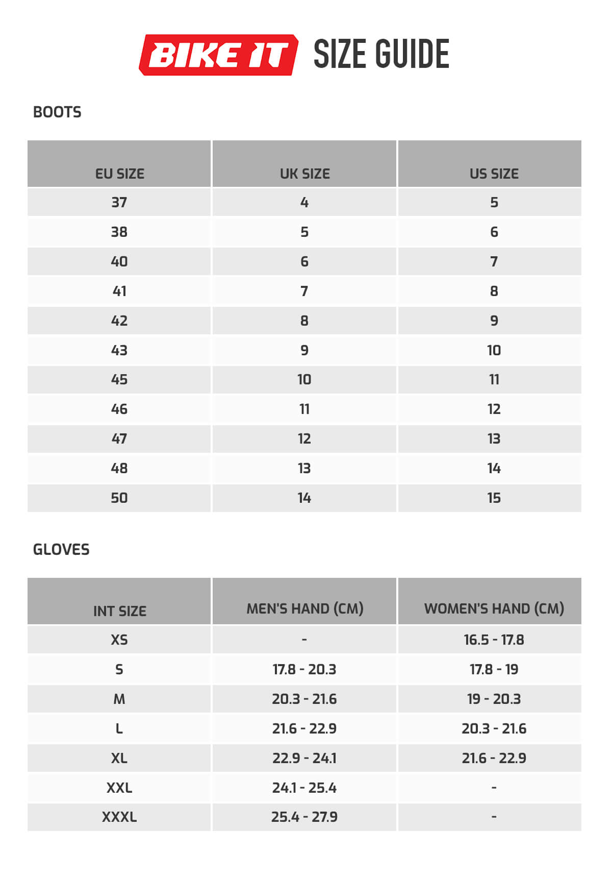 Quad Size Chart