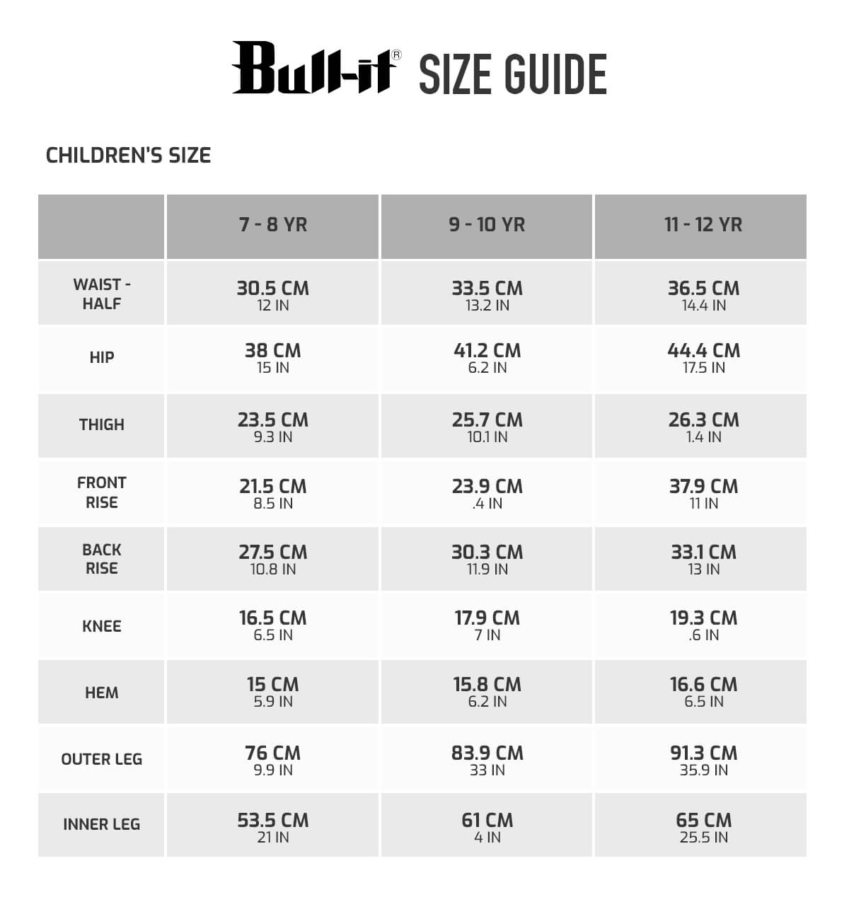 Bull It Jeans Size Chart