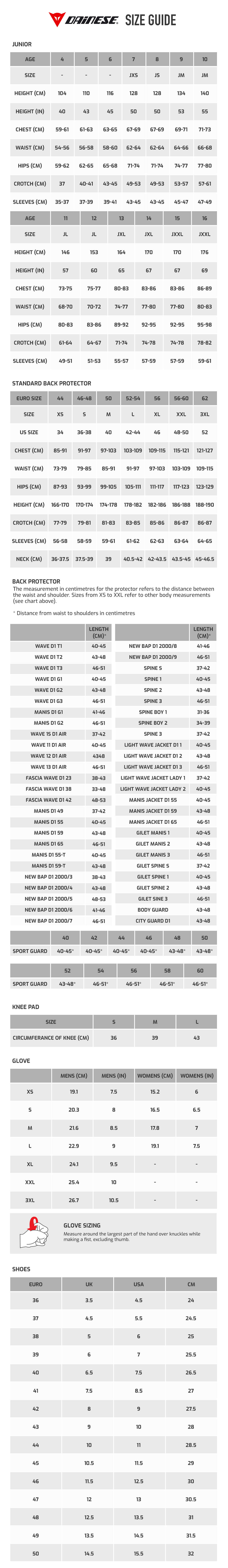 Dainese Back Protector Size Chart