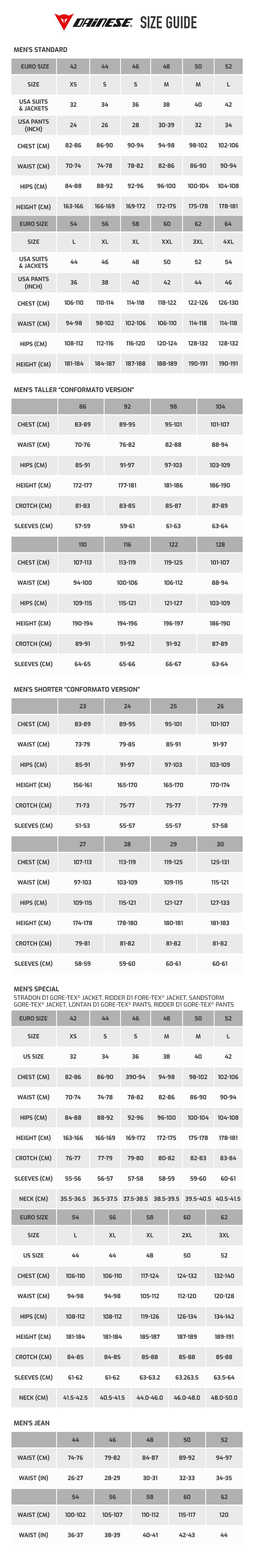 Dainese Motorcycle Jacket Size Chart