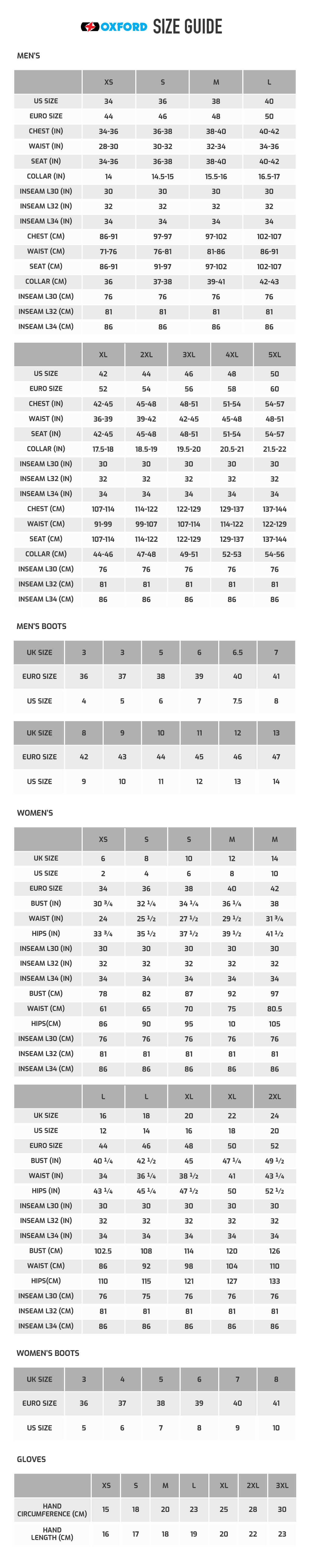 Oxford Motorcycle Jacket Size Guide | Reviewmotors.co