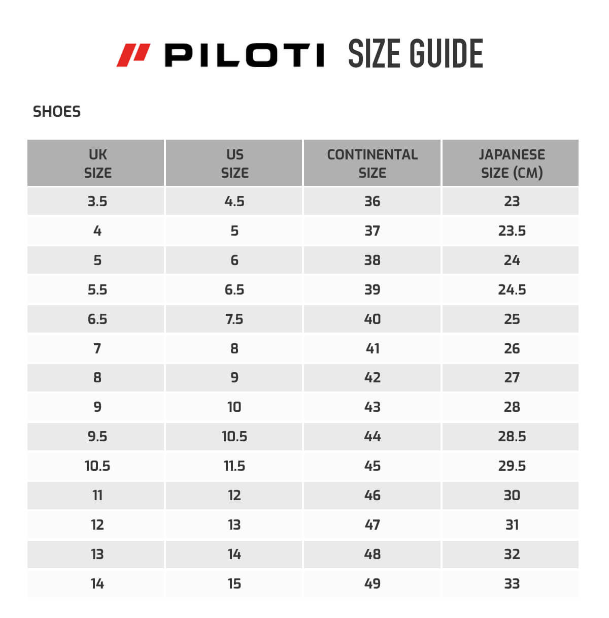 piloti shoe sizing