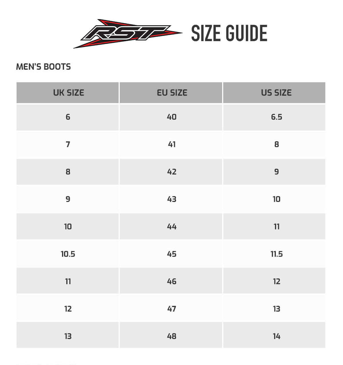 Rst Jacket Size Chart