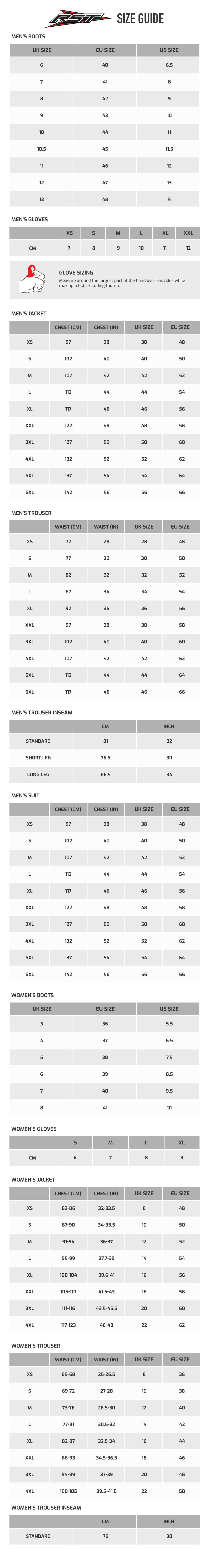 Rst Trousers Size Chart