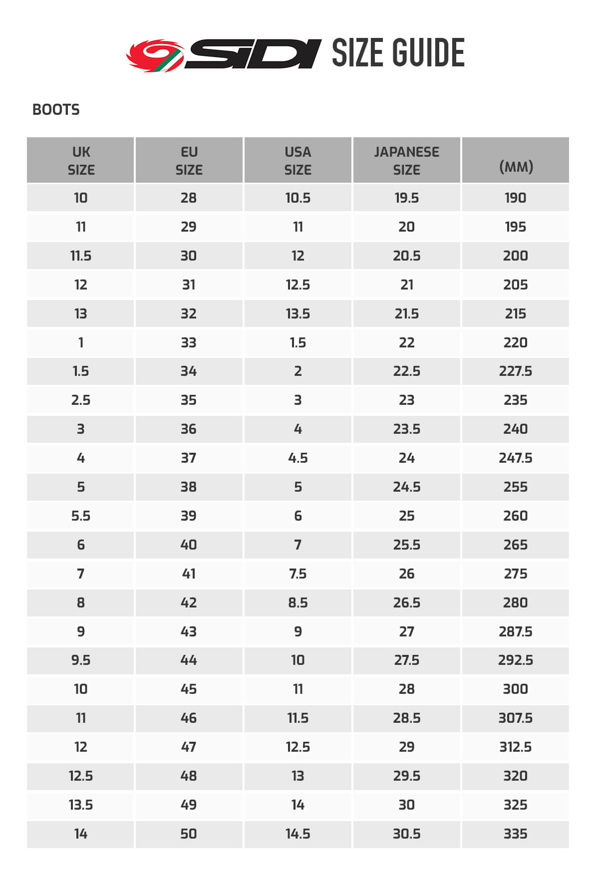 Sidi Road Bike Shoes Size Chart