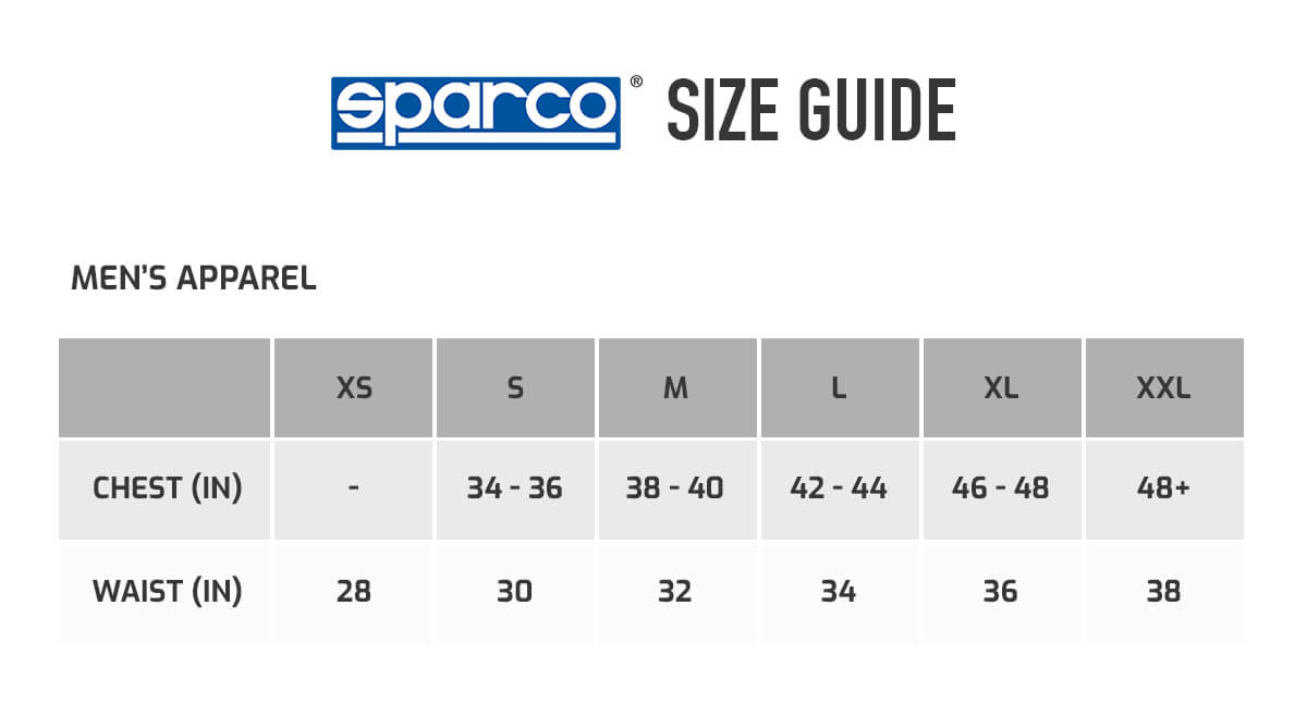 Sparco Martini Racing T-Shirt Size Chart