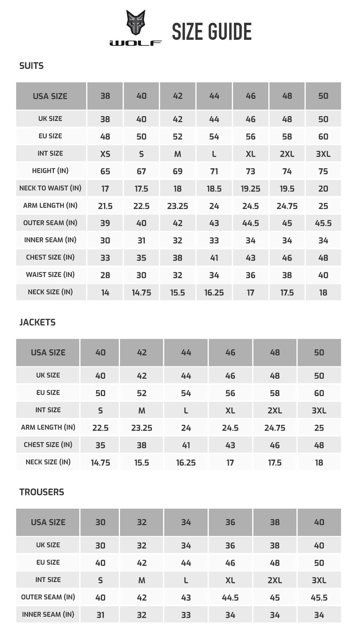 Wolf Leathers Size Chart