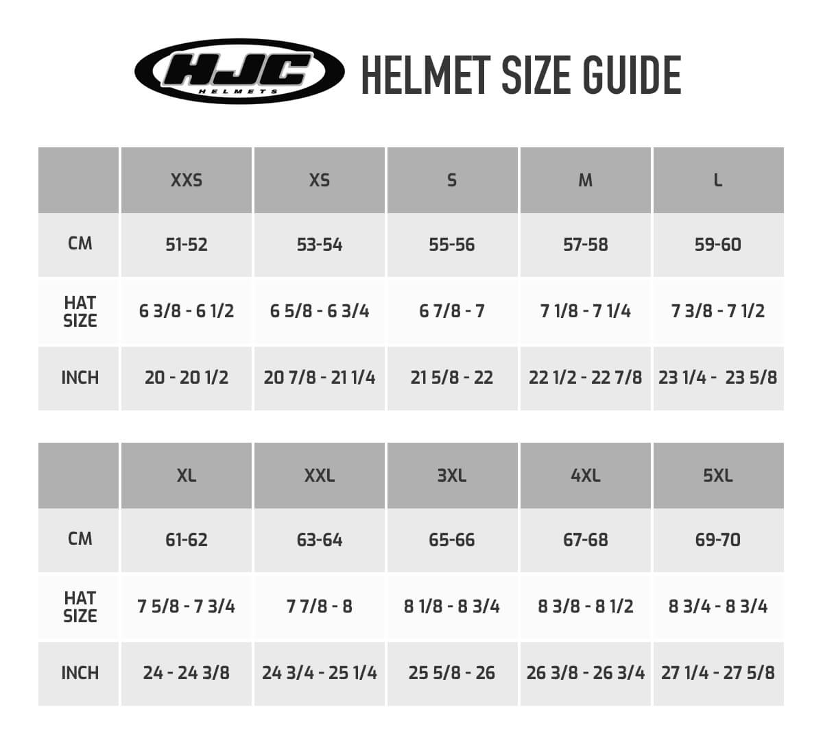 Hjc Helmet Size Conversion Chart