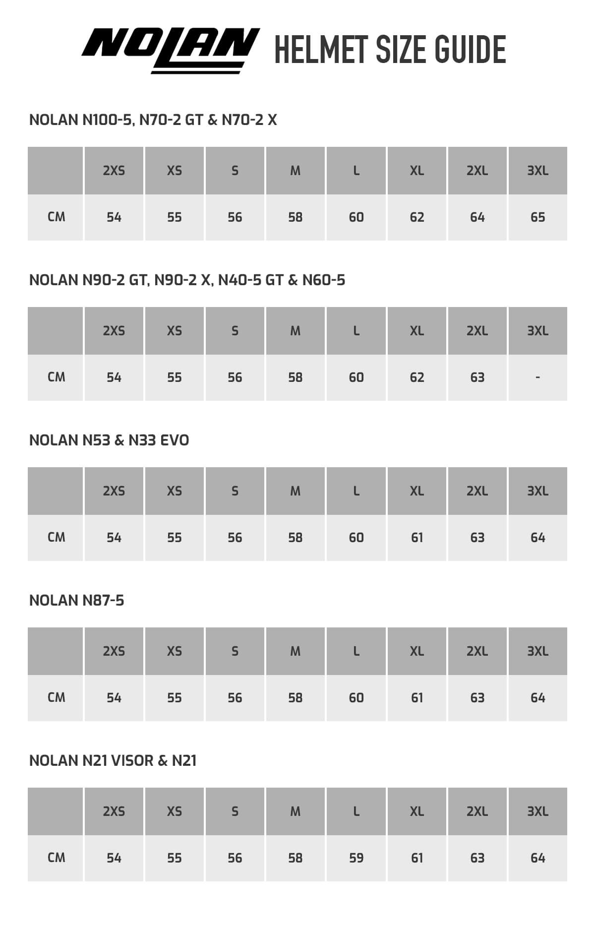 Nolan N87 Size Chart