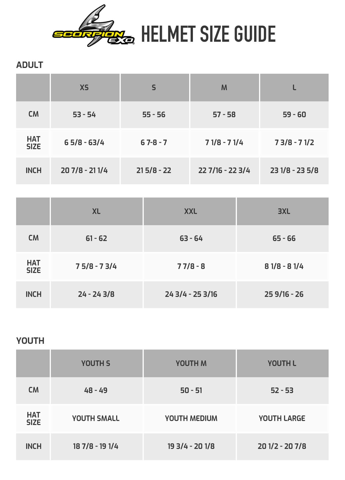 Scorpion Helmets Size Chart