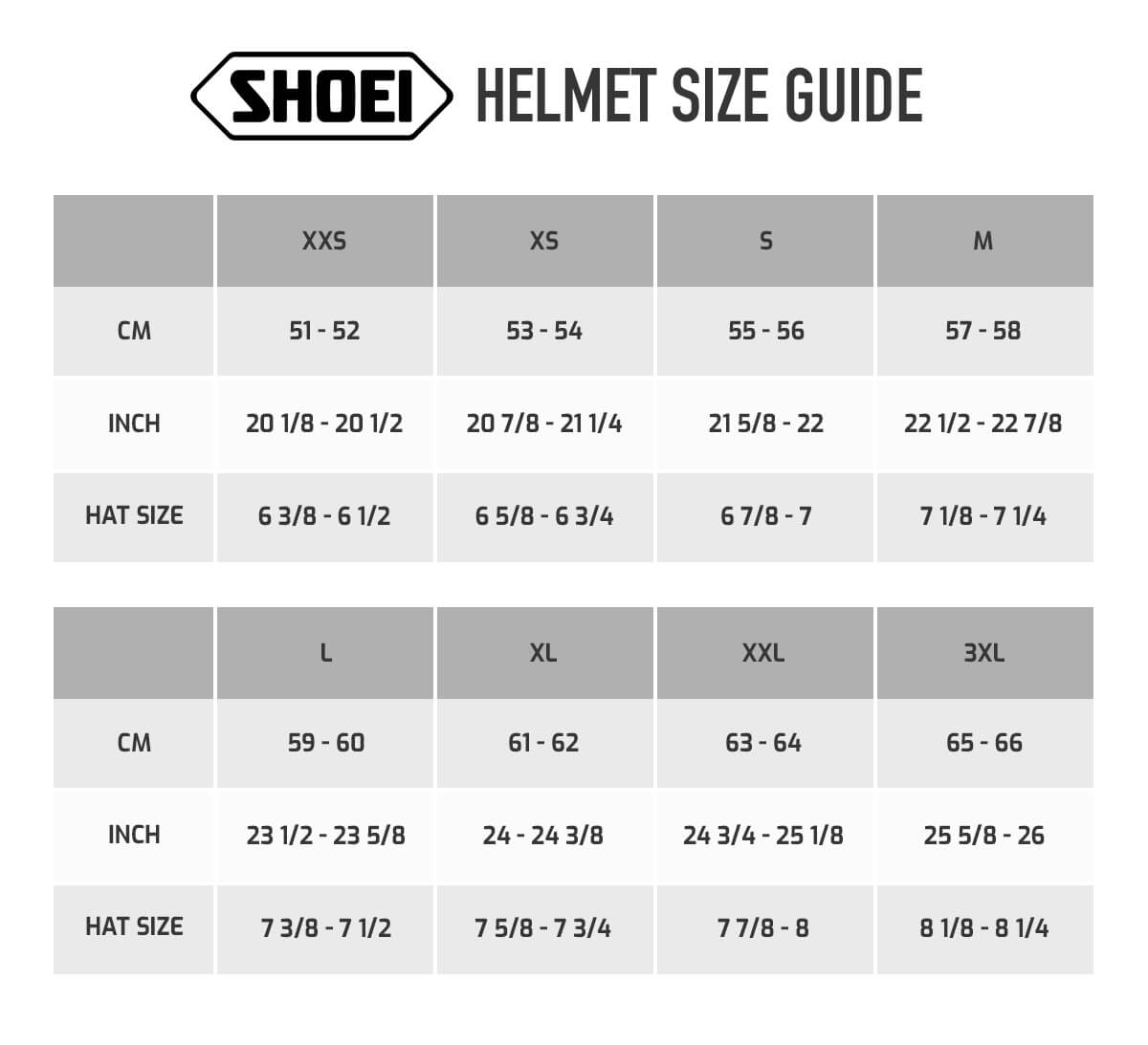 Shoei X 11 Size Chart