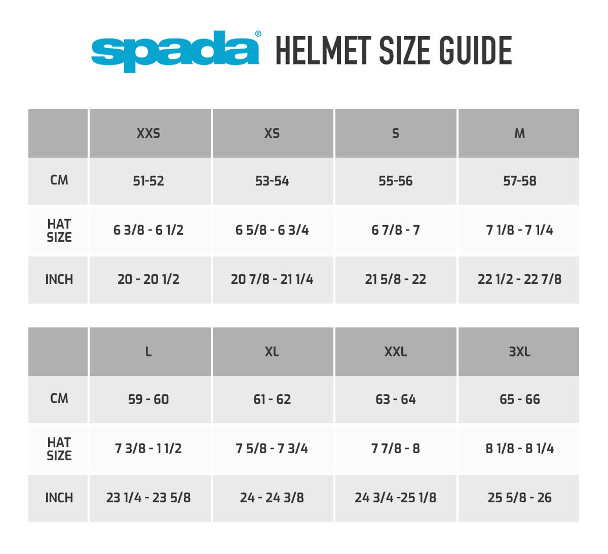 Spada Size Chart