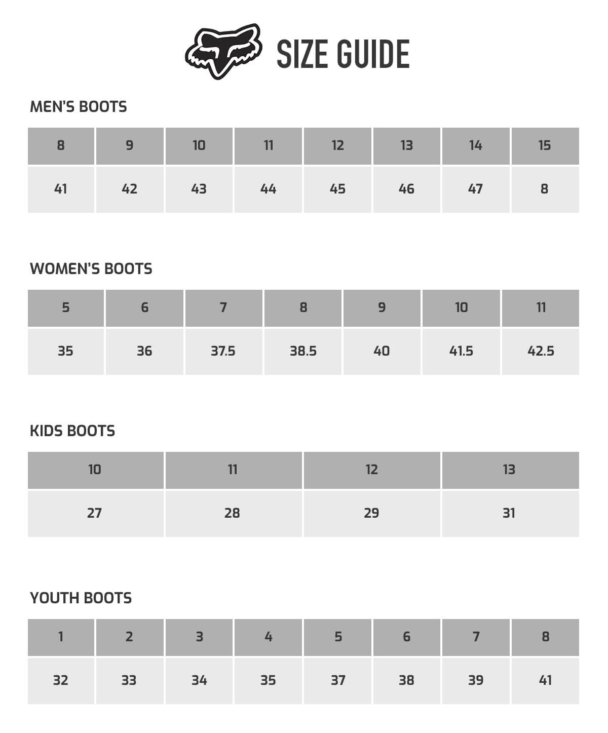 Fox Motocross Boots Size Chart
