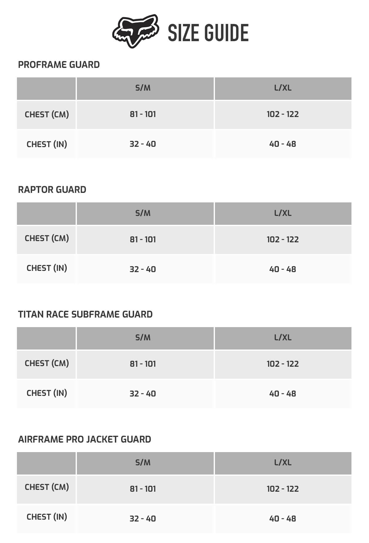 Fox Airframe Size Chart