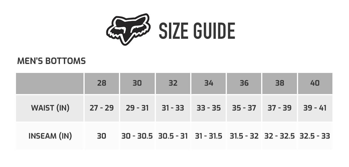 Dirt Bike Pants Size Chart