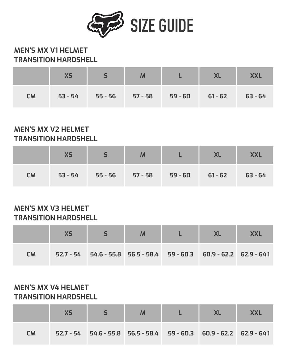 Fox V1 Youth Helmet Size Chart