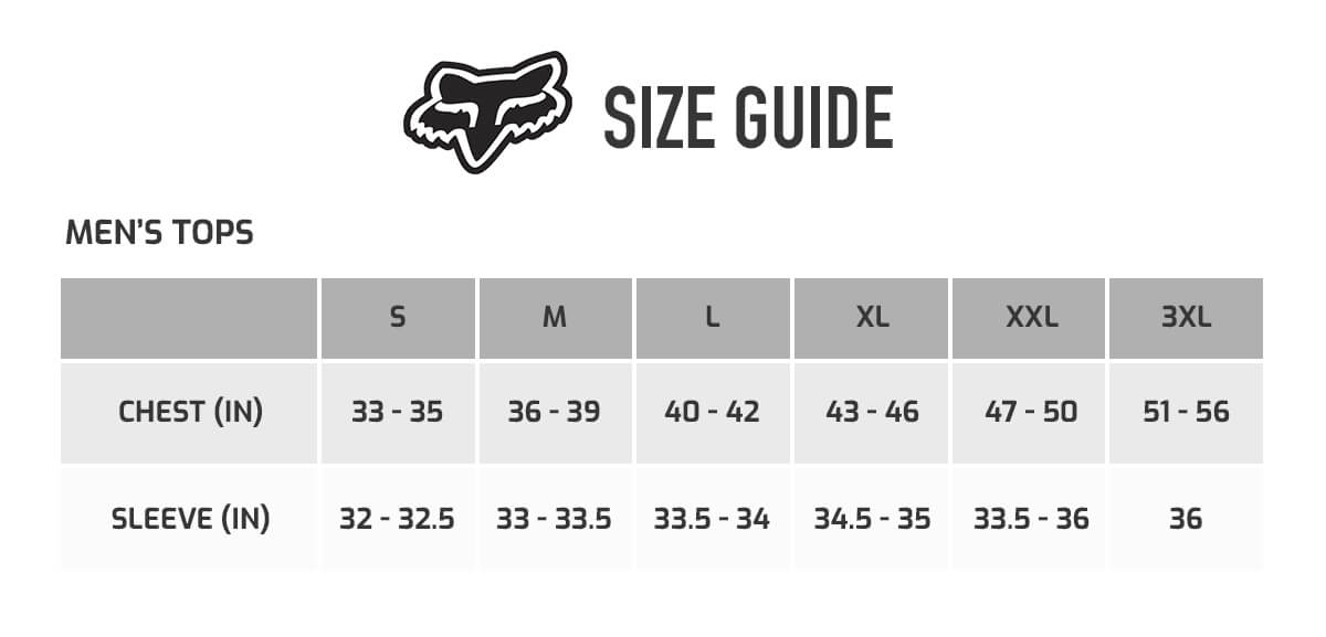 fox jersey size chart