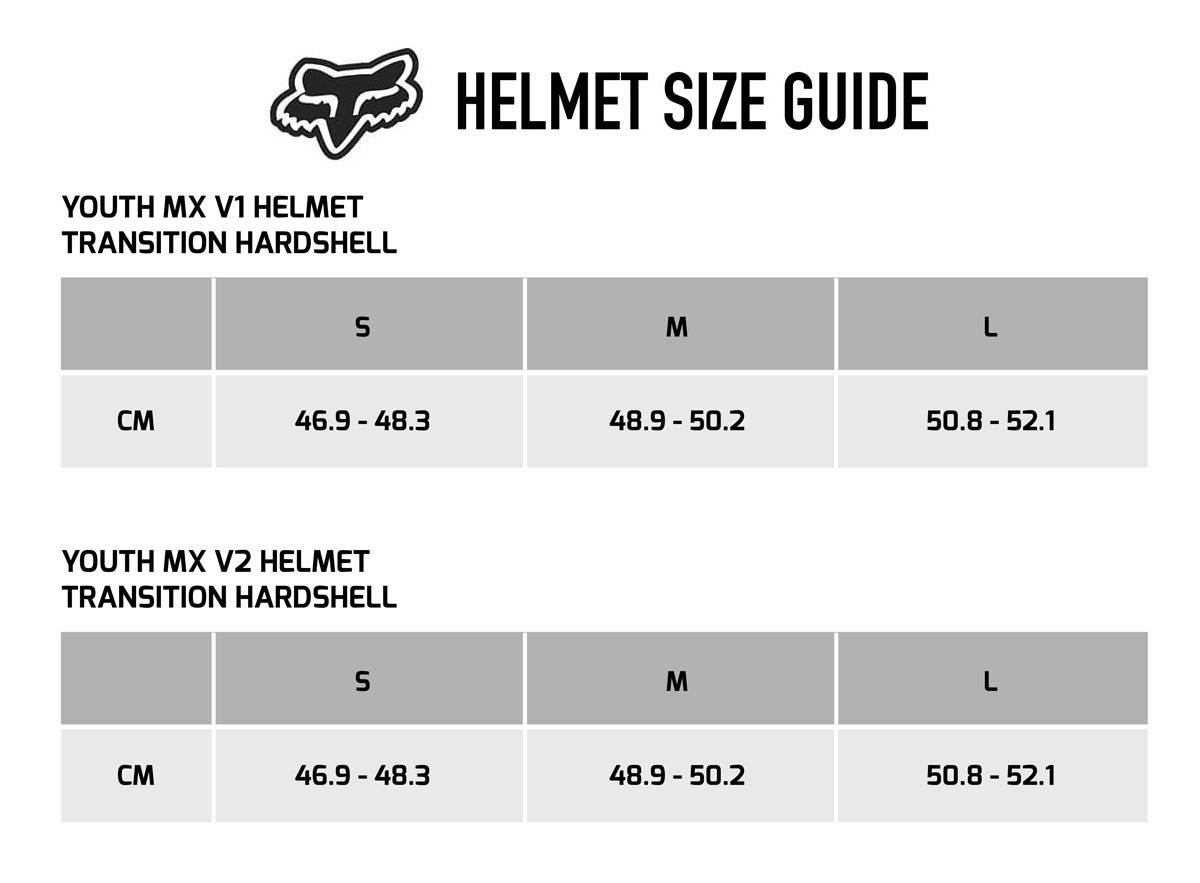 Fox V1 Youth Helmet Size Chart