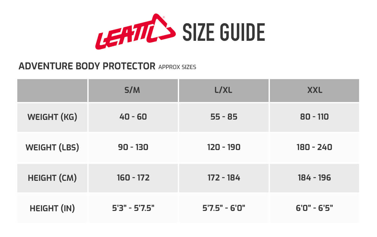 Leatt 5 5 Body Protector Size Chart