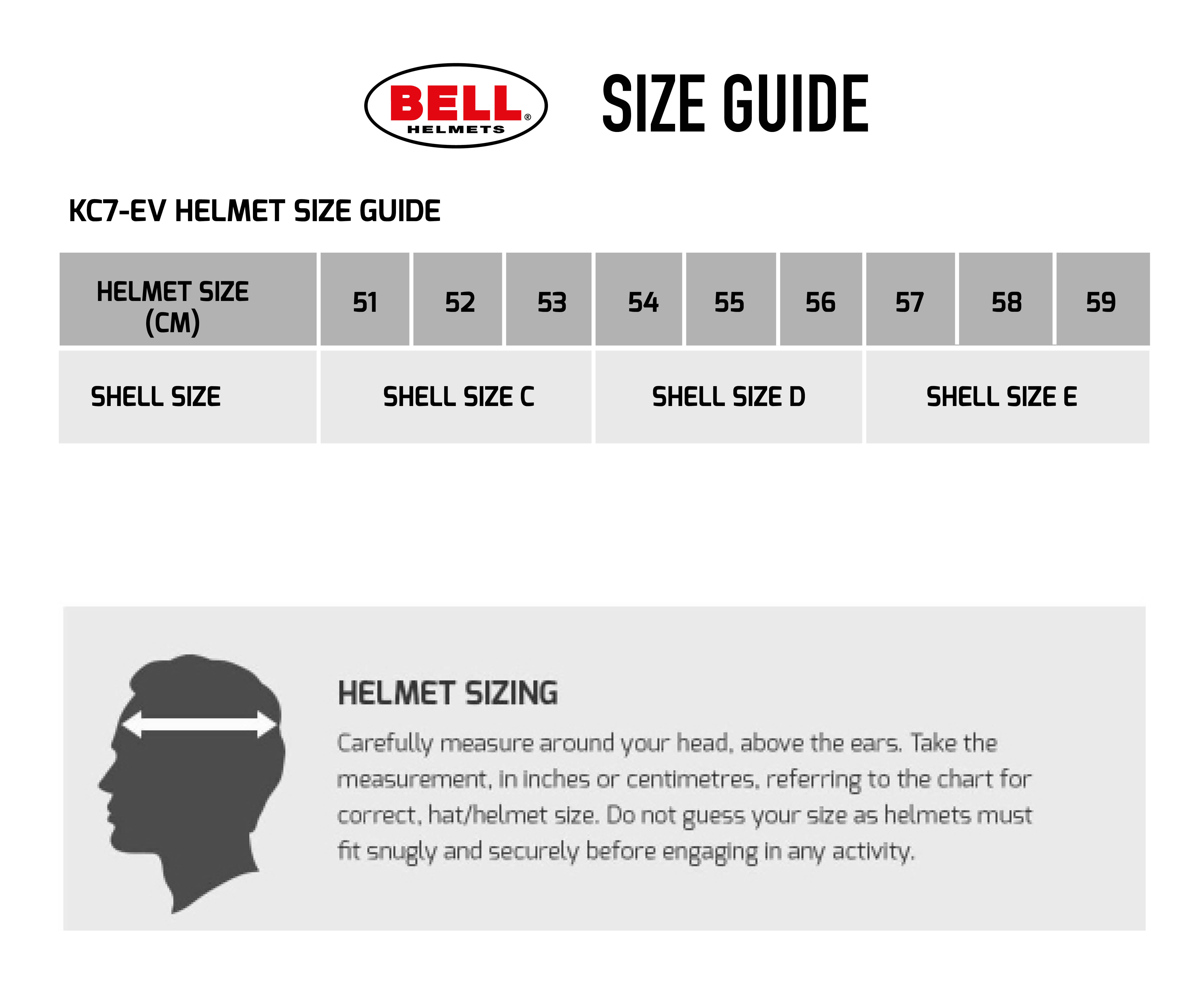Tabela de tamanhos de capacete de kart Bell KC7-CMR