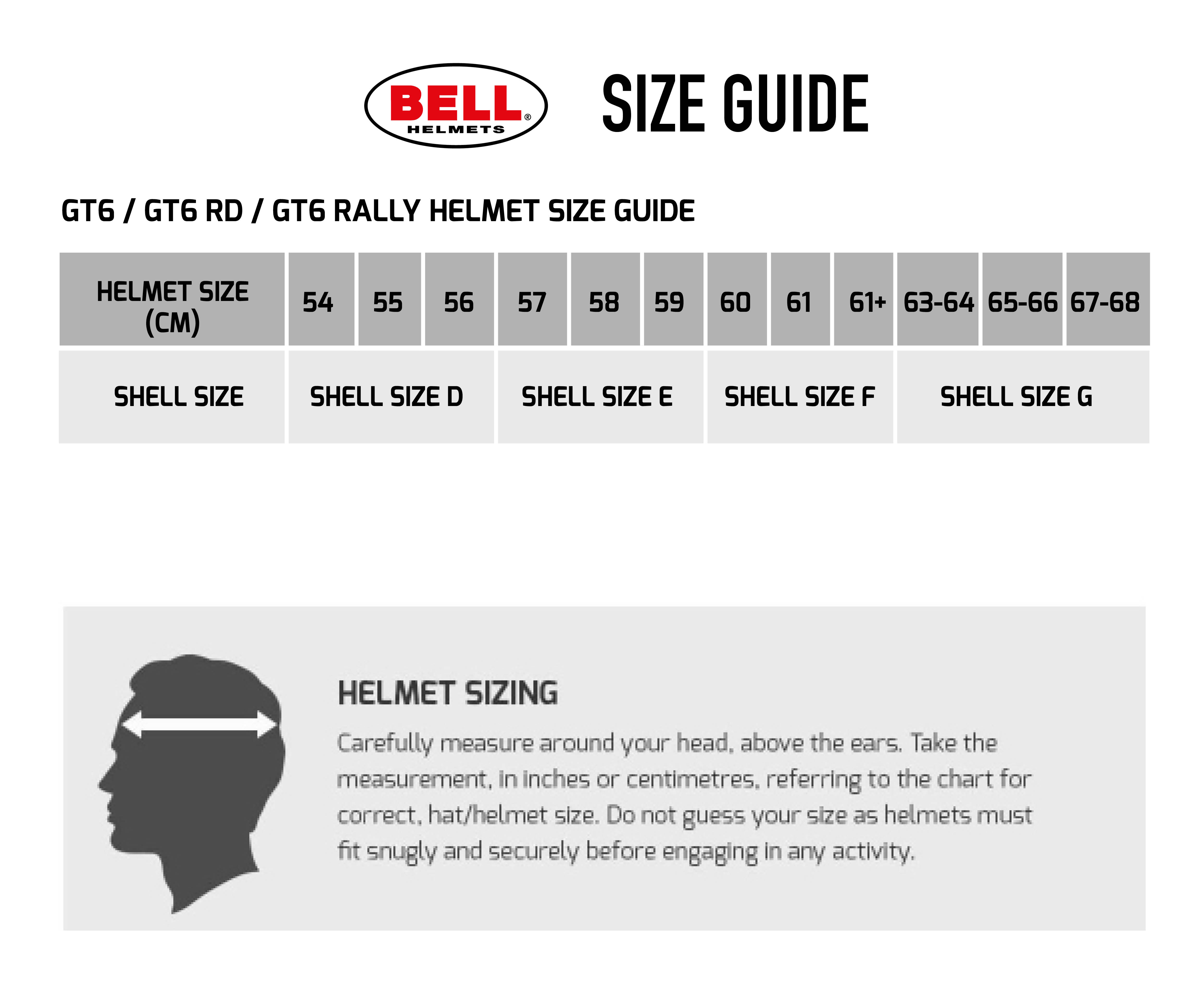 Bell GT6 Pro Helmet - White Size Chart