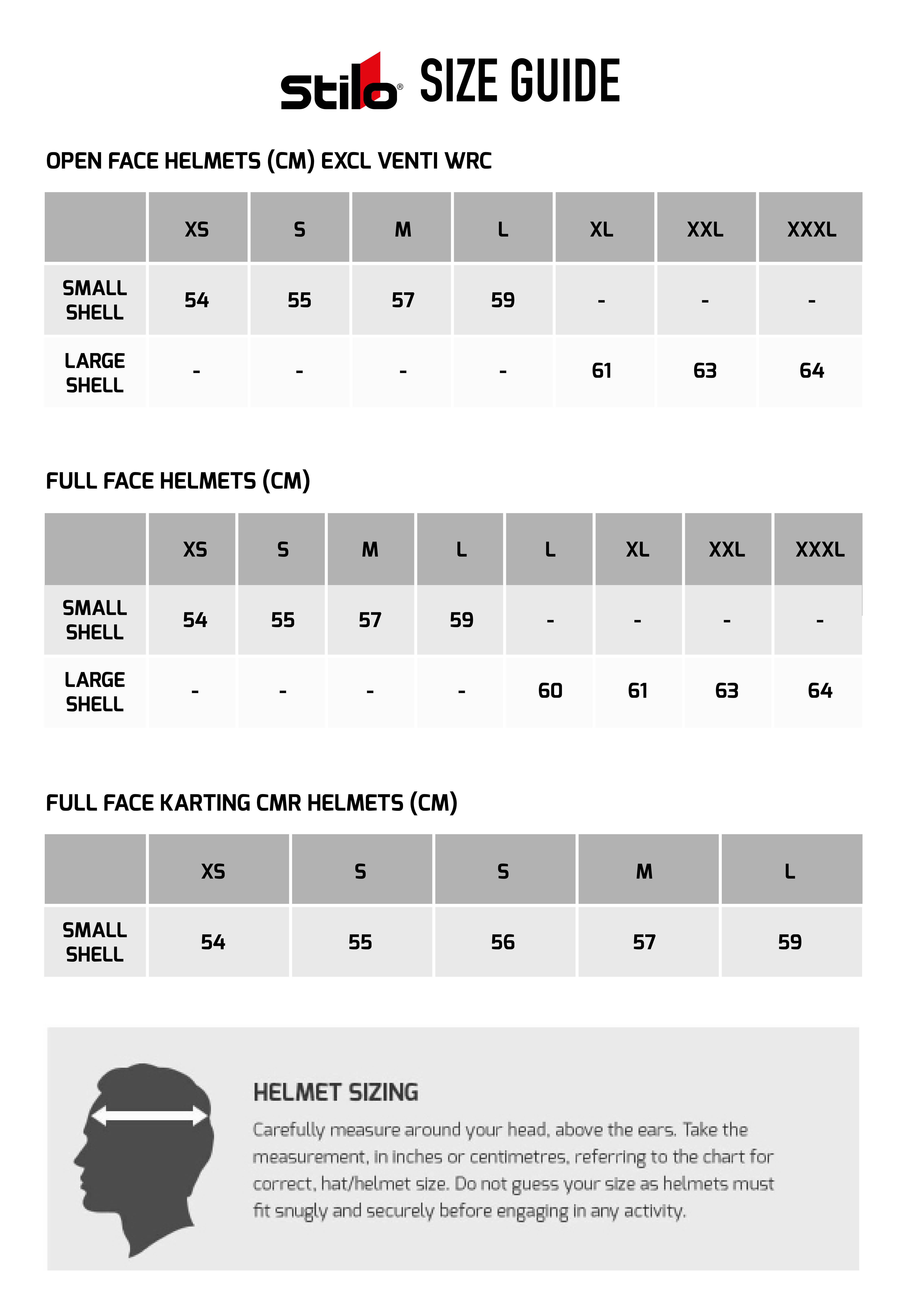 Stilo ST5 GT Carbon Helmet Size Chart