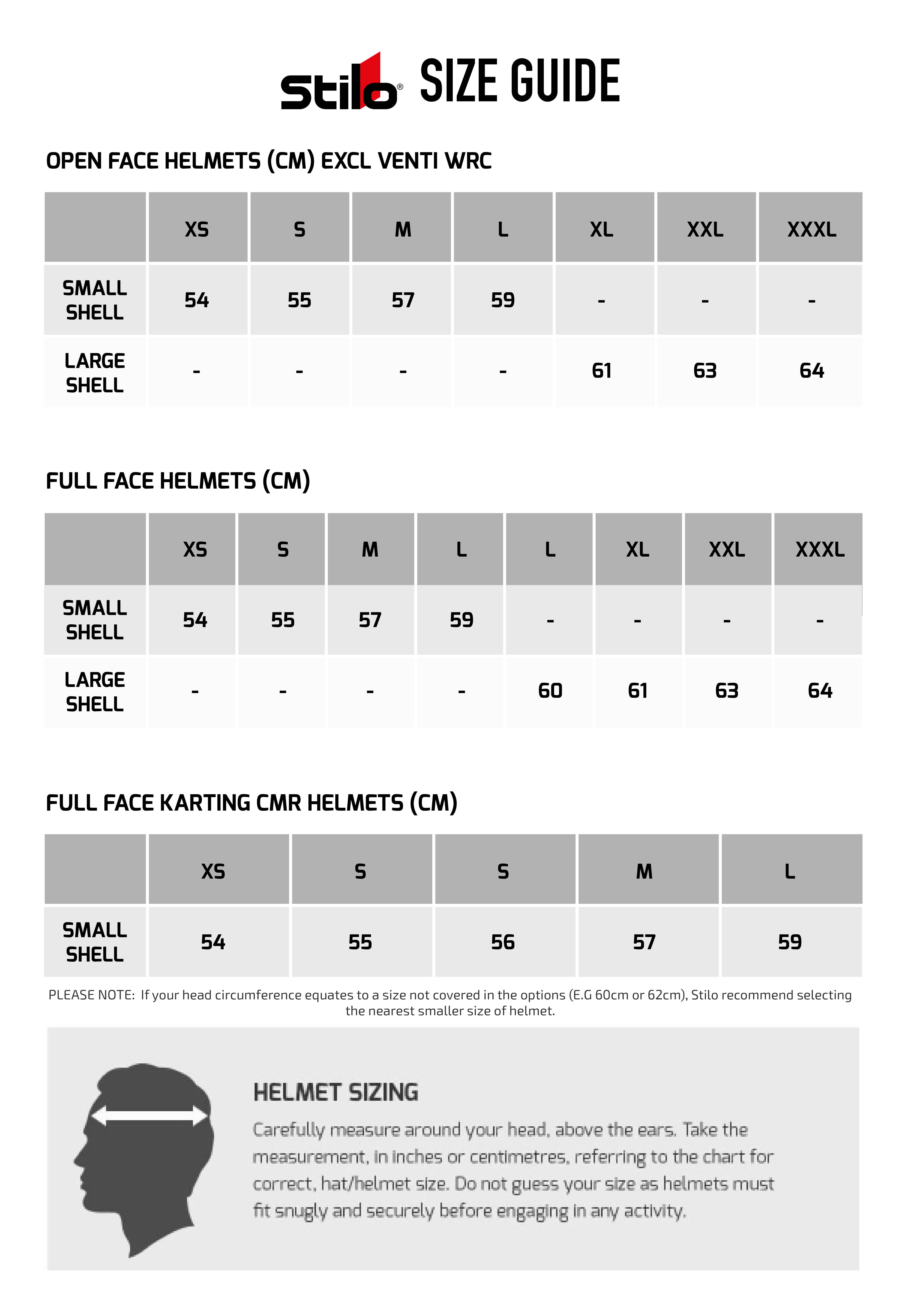 Stilo ST5 CMR Kart Helmet In Black Size Chart