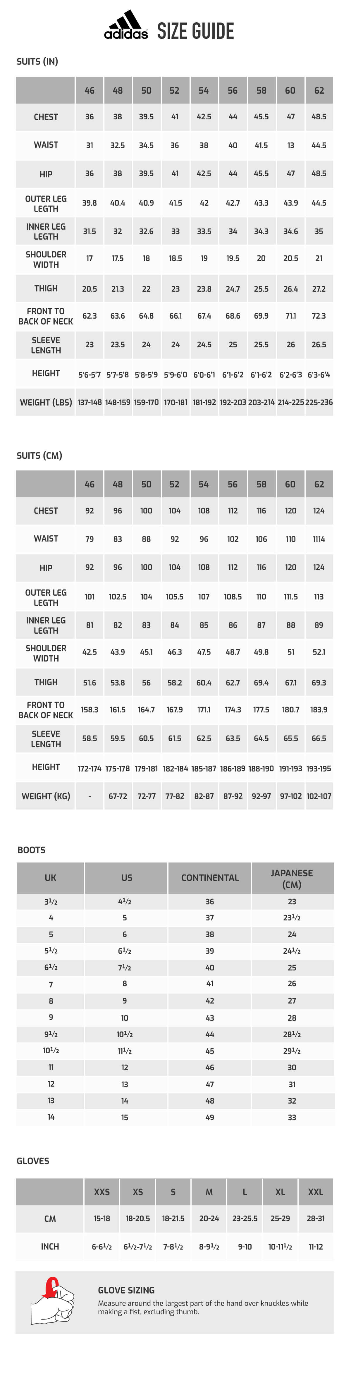 adidas glove size chart