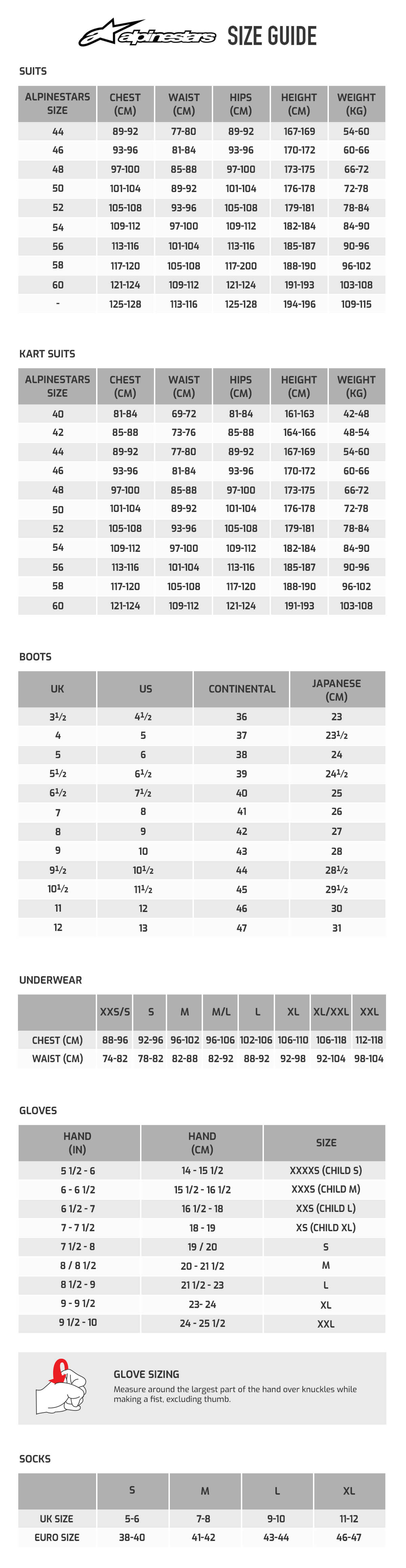 Alpinestars Race Suit Size Chart