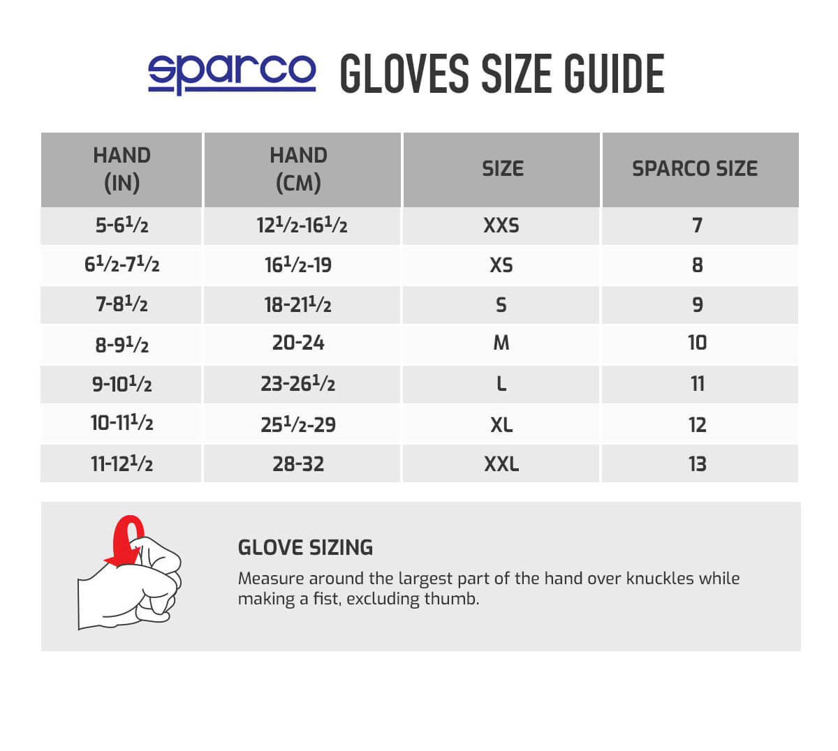 Sparco Hypergrip Gaming Gloves Size Chart