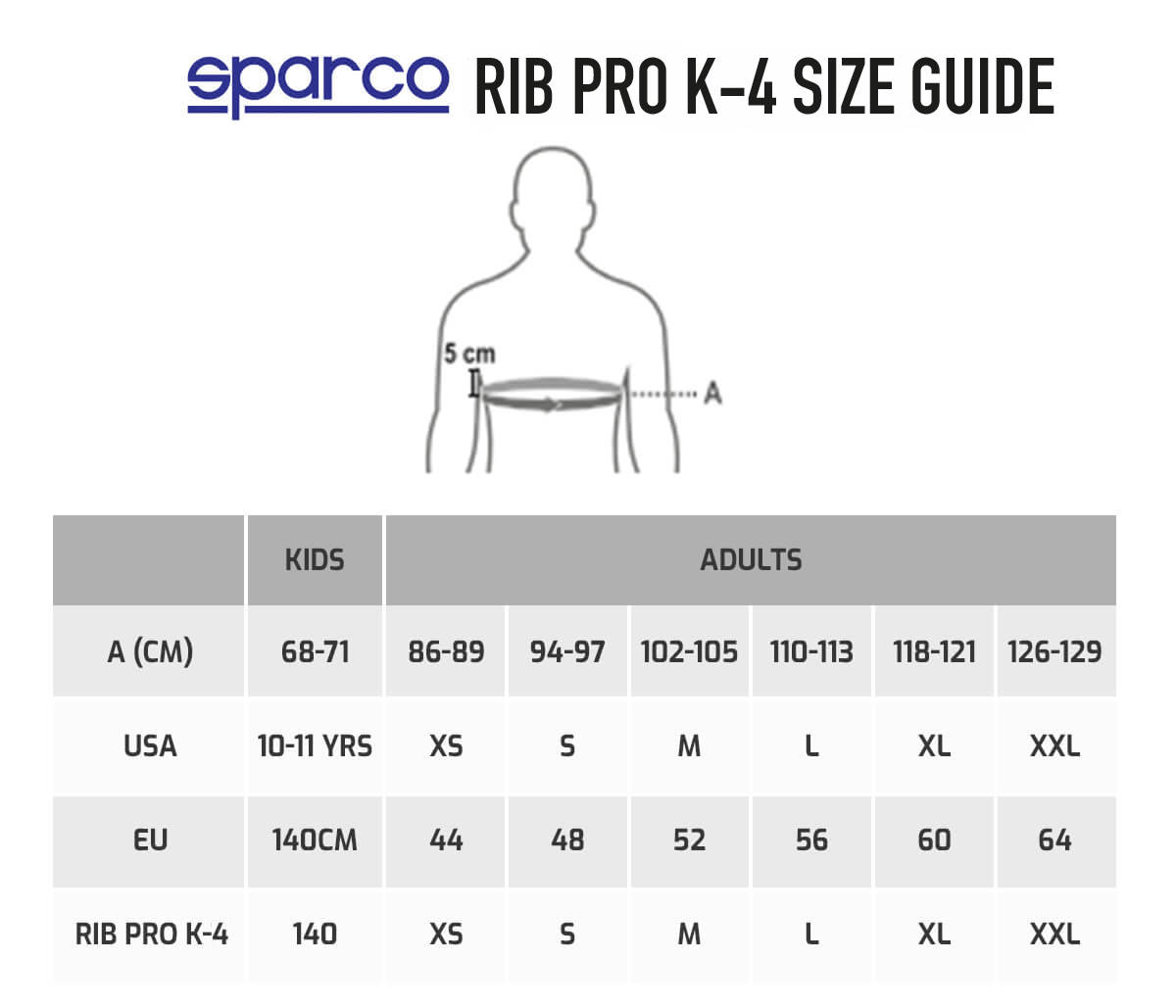 Sparco Rib Pro K-4 Rib Protector Size Chart