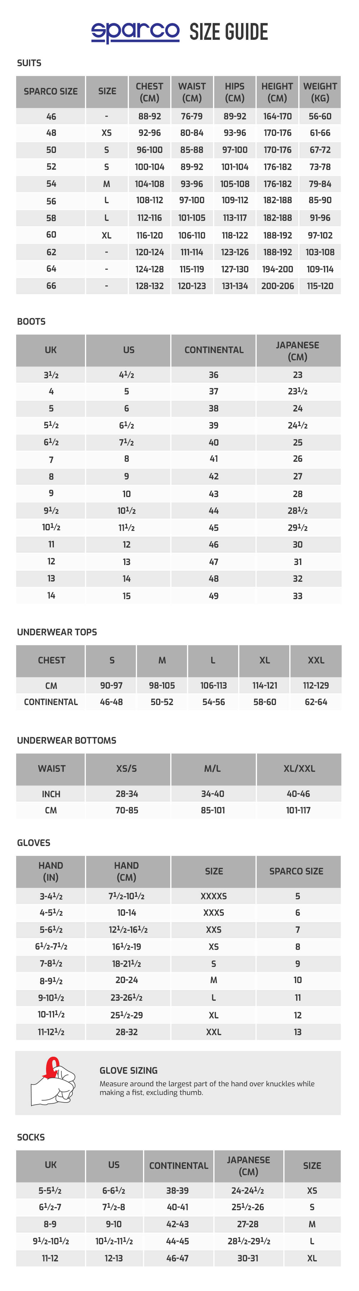 Sparco Fire Suit Size Chart