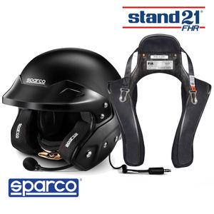 Sparco RJ-i Helmet In Black & Stand21 Club Series FHR Device Package