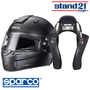 Sparco Air Pro RF-5W Helmet In Black & Stand21 Club Series FHR Device Package