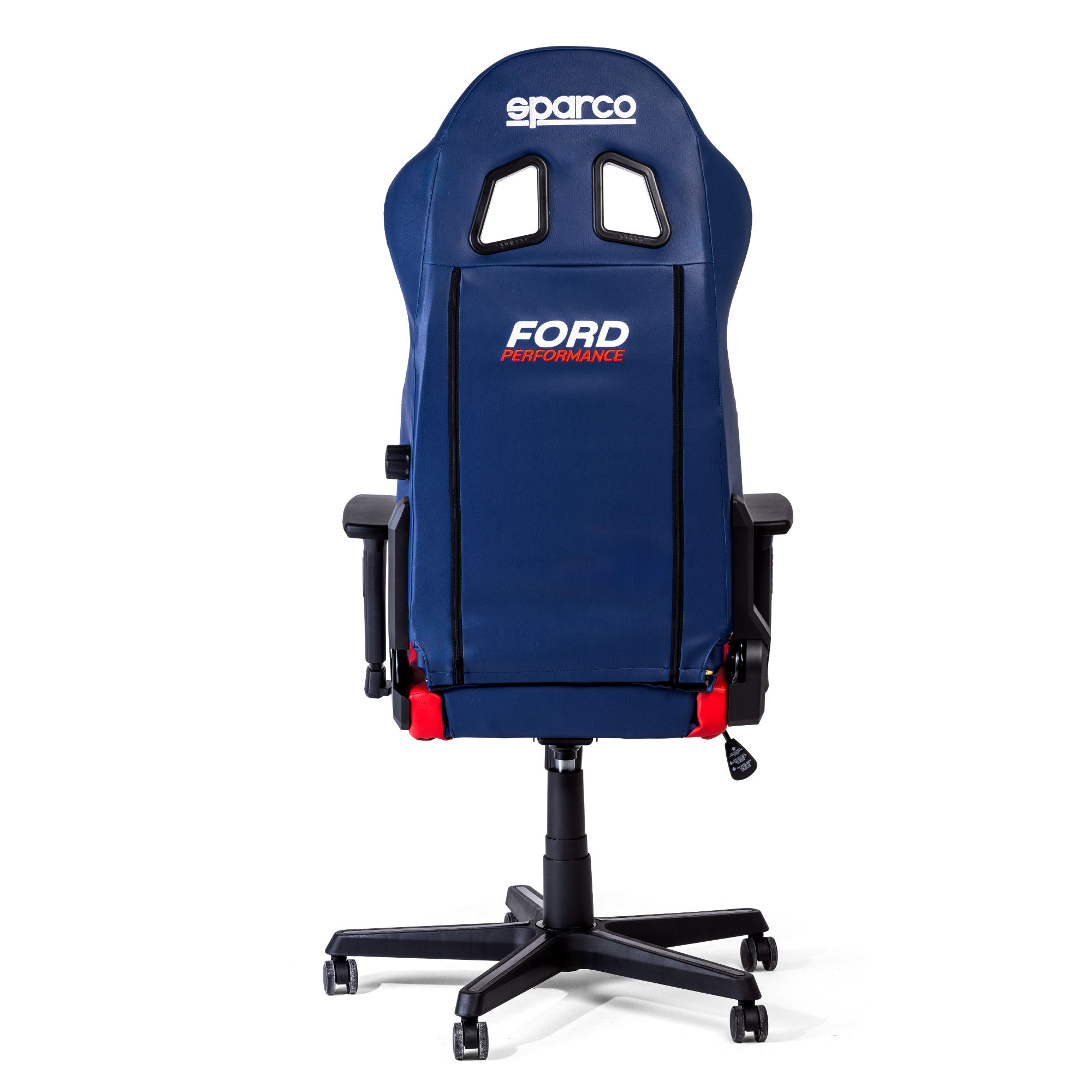 Blue gaming chair with Sparco and Ford logos, rear view