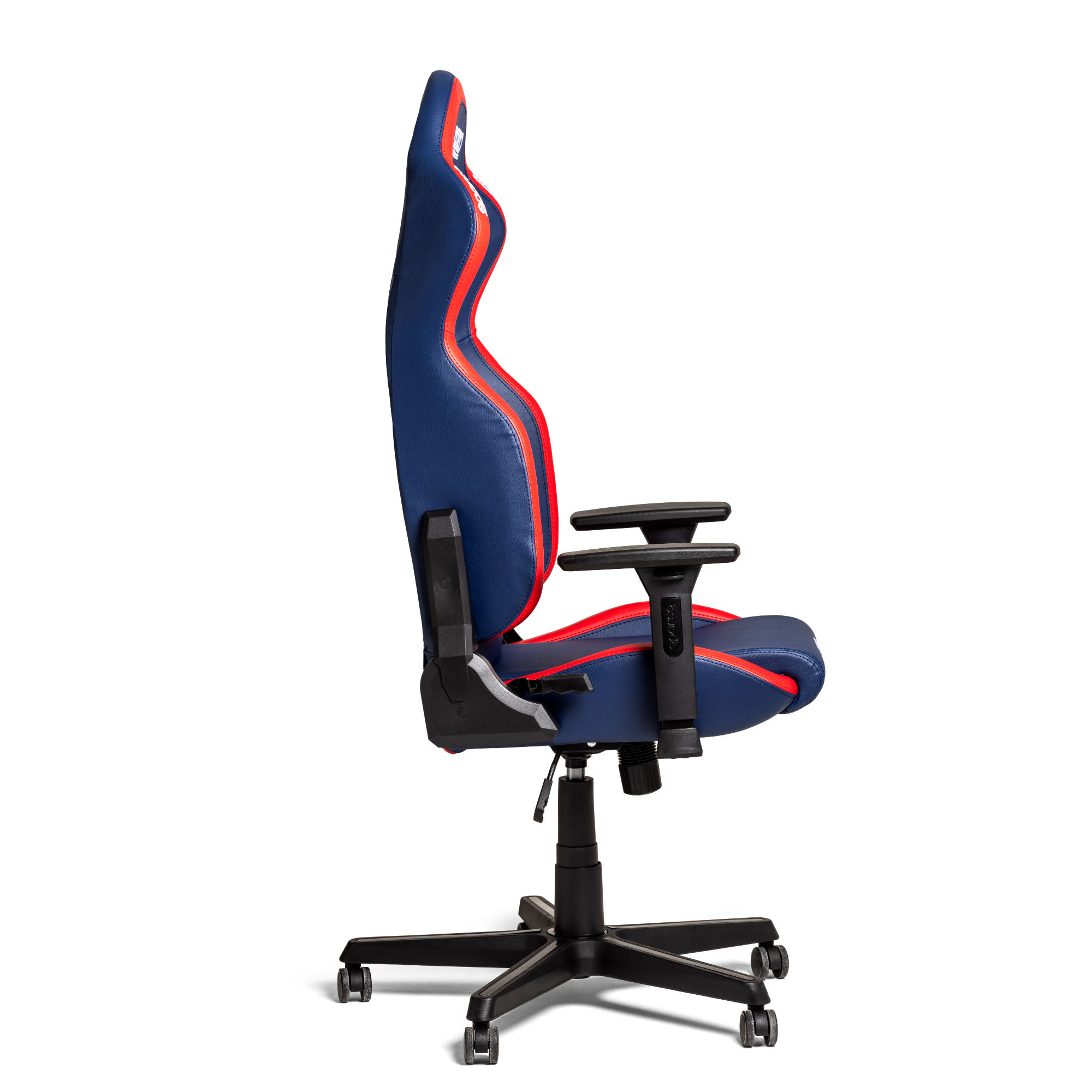 Blue and red gaming chair with Sparco and Ford logos, side view
