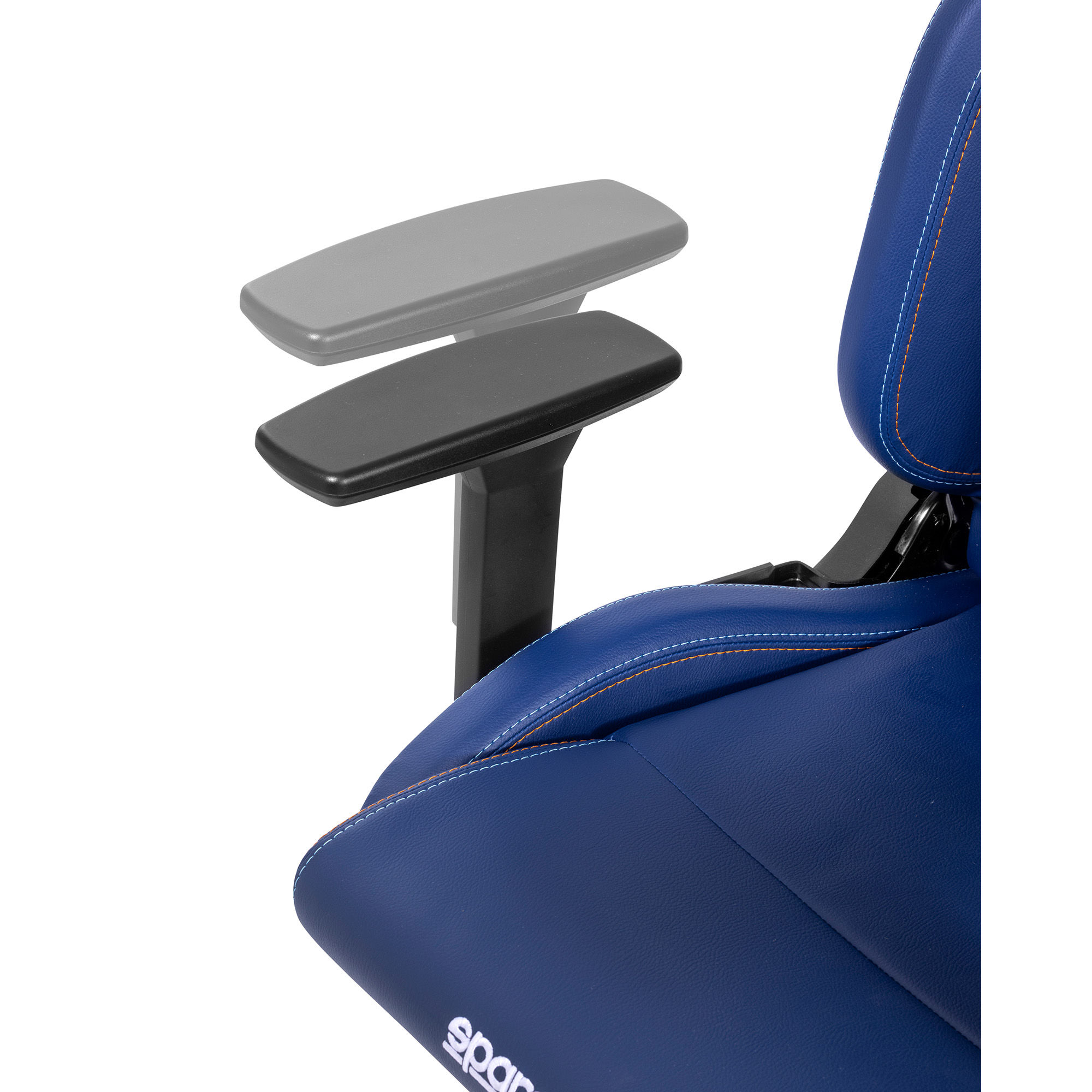 Close-up of the armrest pad and seat edge of blue Sparco chair with white stitching