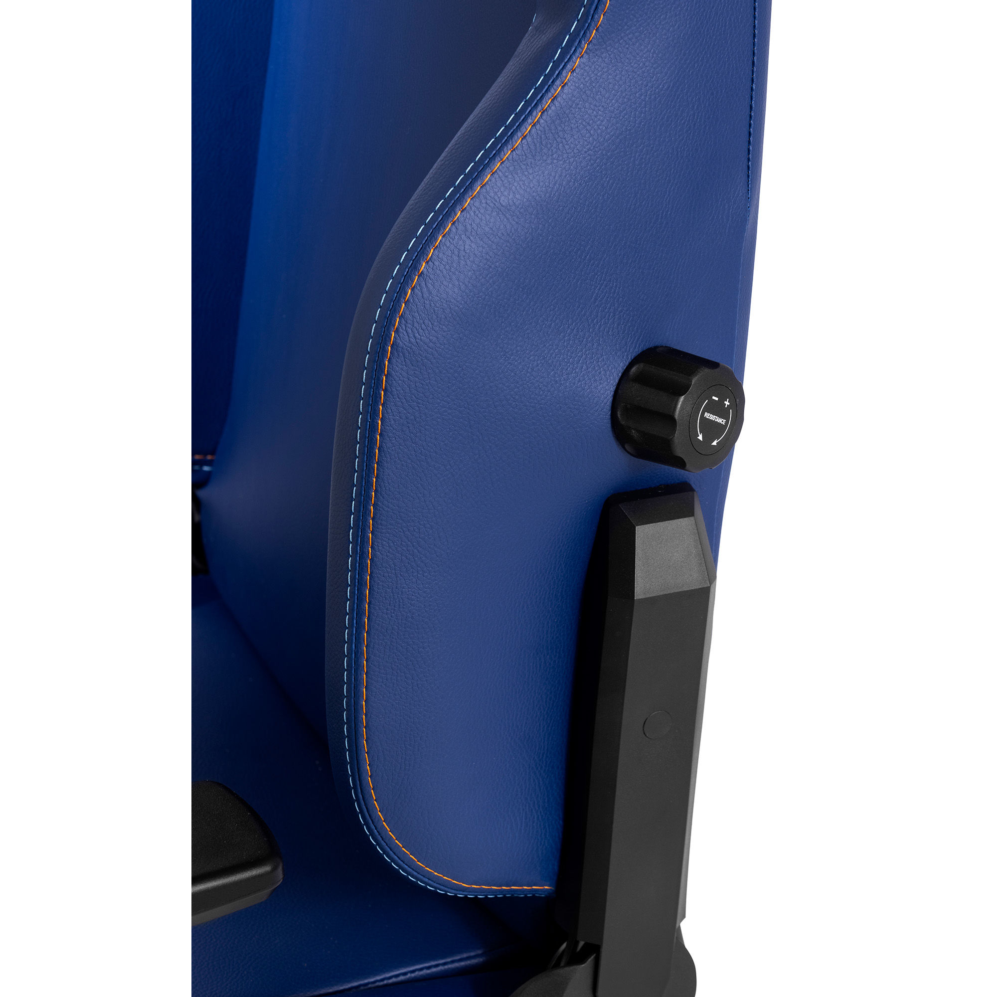 Close-up of blue chair side adjustment knob and frame