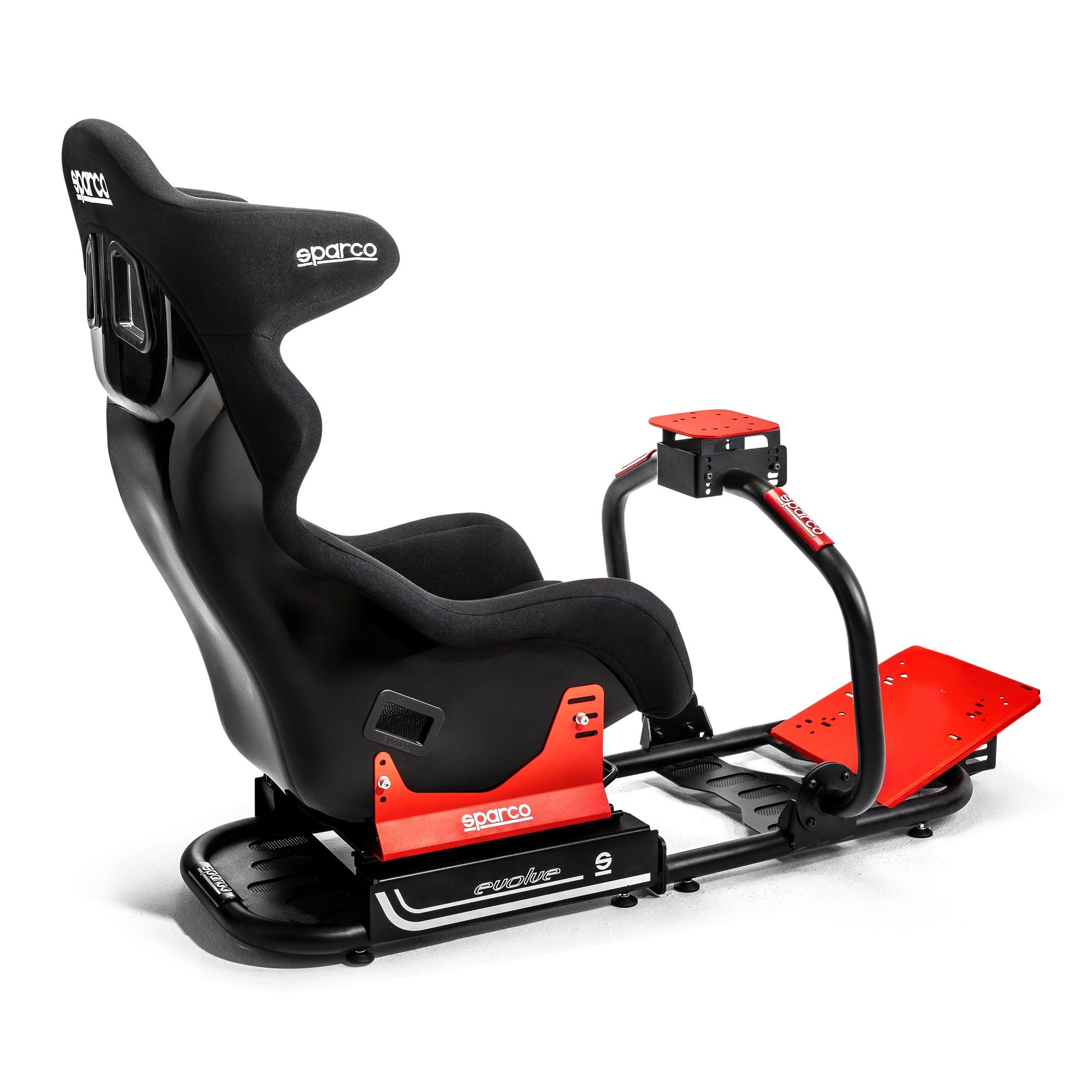 Close-up of Sparco racing simulator seat with black and red design