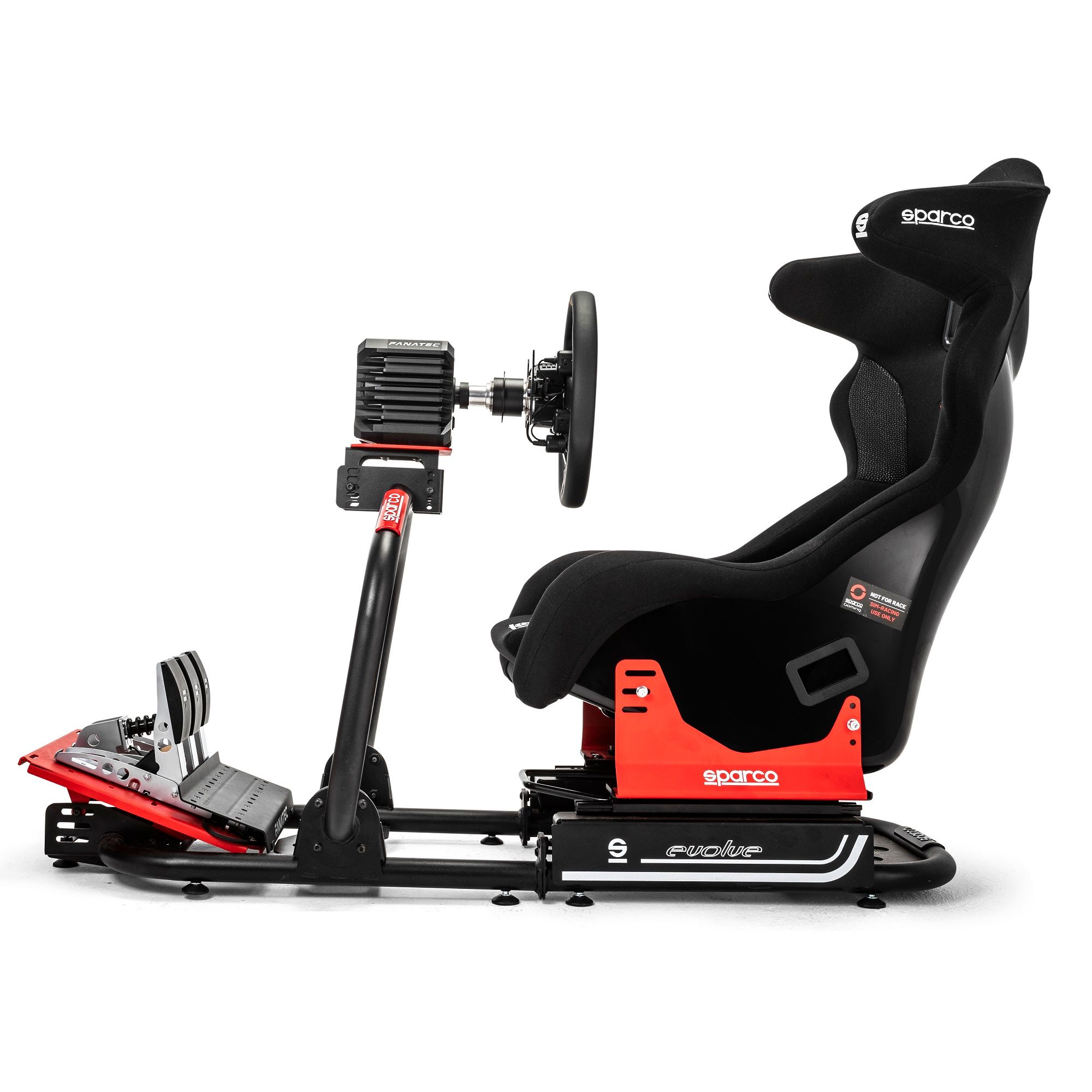 Racing simulator with black seat and red accents